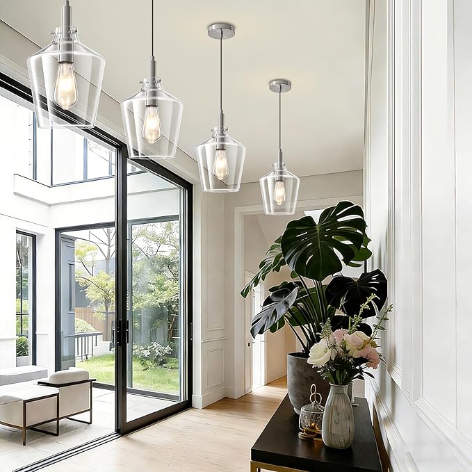 Modern Glass Pendant Light for Kitchen Island 2 Pack, Farmhouse Nickel Pendant Light Fixtures, Adjustable Hanging Ceiling Light Angled Clear Glass Shades 8 Inch