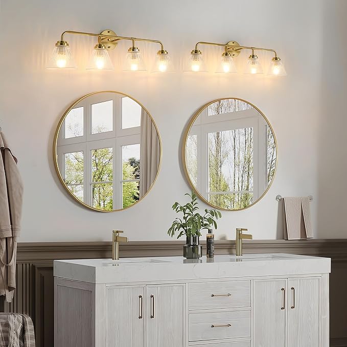 Modern Bronze Bathroom Vanity Light, 4-Light Wall Sconce with Clear Ribbed Glass Shades, Farmhouse Industrial Light Fixture for Bathroom, Vanity Mirror, Powder Room, Hallway (bronze, Eletroplate, 4)
