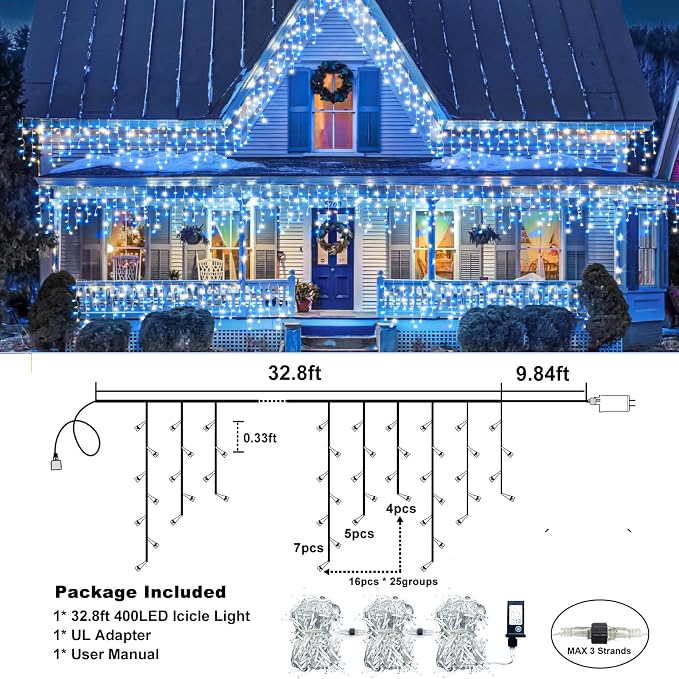 Icicle Lights for Outside - 33FT 400 LED Icicle Christmas Lights Outdoor with 75 Drops 8 Modes, Waterproof Connectable Curtain Hanging Lights for Indoor Roof Yard Xmas Decorations, Blue and White