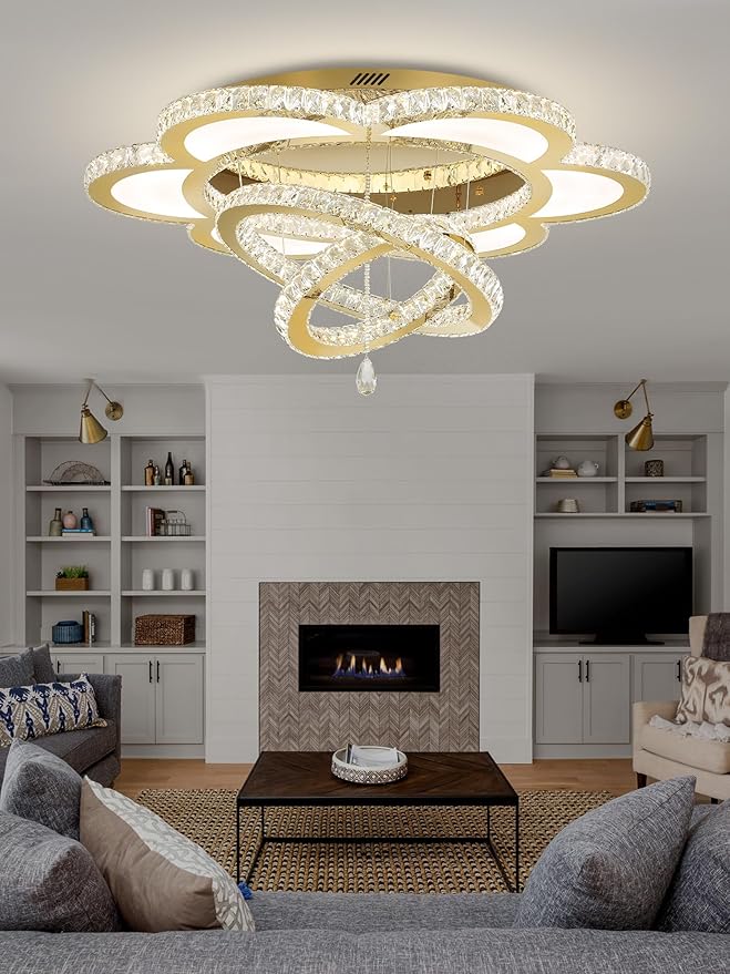 ykolupty W32'' Modern Chandelier for Living Room Crystal Chandeliers Flush Mount Chandelier for Dining Room Bedroom Foyer Dimmable 2700-6000K (Gold Chandelier)
