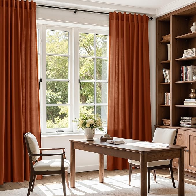 Nanspring Extra Wide Terracotta Curtains for Living Room 102 Inches Long Back Tab and Rod Pocket Linen Semi Sheer Farmhouse Boho Floor to Ceiling Curtain for Bedroom Office Luxury 100x102, 2 Panels