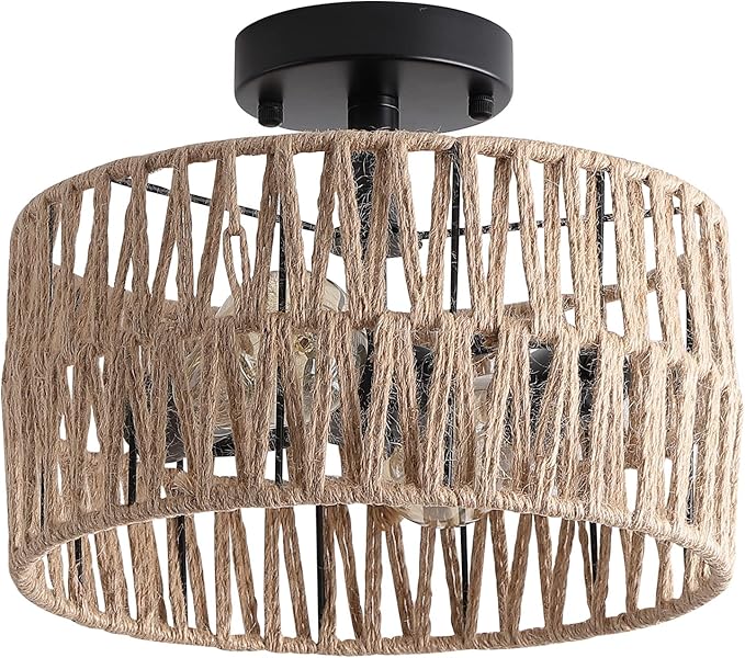 2-Light Coastal Woven Flush Mount Light Fixture Rustic Industrial Hemp Rope Semi Flush Mount Ceiling Light for Hallway Bedroom Kitchen Entryway Farmhouse, Black