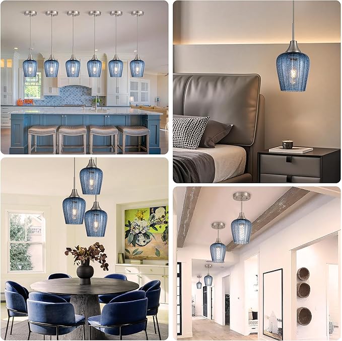 Viinew Mini Glass Pendant Light,5.4" Tulip Flower Shape Dark Blue Glass Hanging Light,1-Pack Handblown Clear Blue Seeded Shade Adjustable Cord Ceiling Light Fixture for Kitchen Island Sink