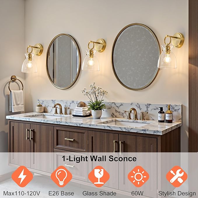 Gold Wall Sconce 1-Light Hardwired Wall Mount Modern Farmhouse Vanity Light Fixtures with 6 Inch Clear Glass Shade, Wall Lights for Bathroom, Bedroom, Living Room, Mirror, Kitchen, 1 Pack