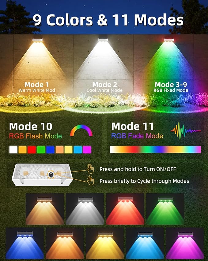 JOFIOS Solar Fence Lights 16 Pack, Warm White, Cool White and RGB Color Glow LED Solar Light, IP65 Waterproof Fence Lights Solar Powered for Patio, Backyard, Railing, Deck and Wall