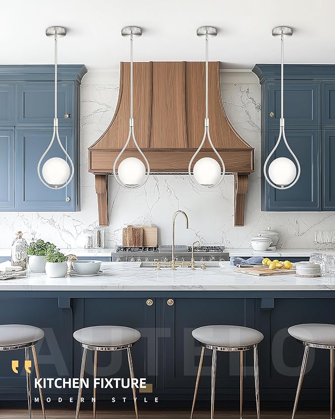 AUTELO Modern Pendant Lights Kitchen Island, 1-Light Pendant Lights in Brushed Nickel Finish with Milky White Globe Glass, Nickel Pendant Light Fixtures, Hanging Lamp for Kitchen Island H9377 MGST