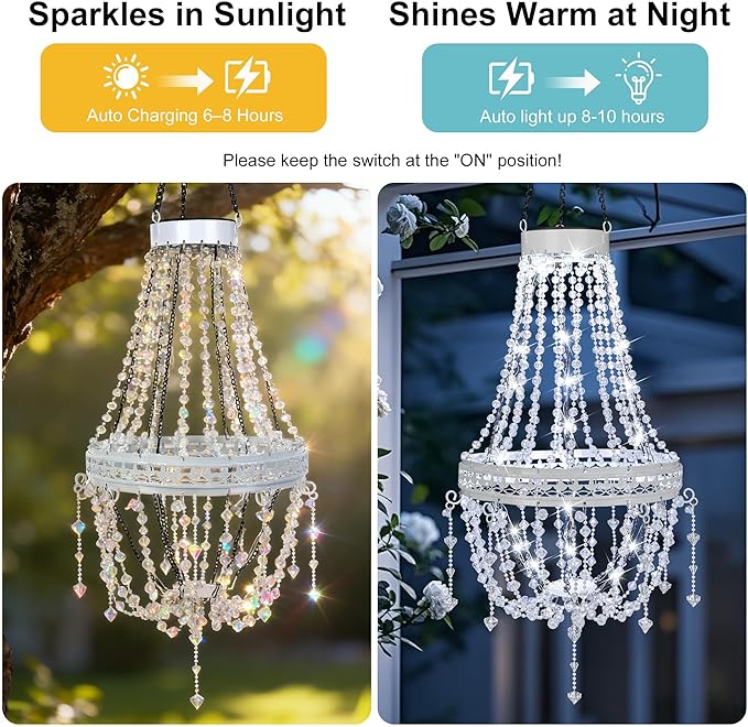 Hanging Solar Lantern Outdoor Chandelier, Waterproof Modern Crystal Acrylic Pendant Light with Cool White LED S Hook Gifts for Women Garden Decor Light for Gazebo, Patio, Yard, Party, Wedding
