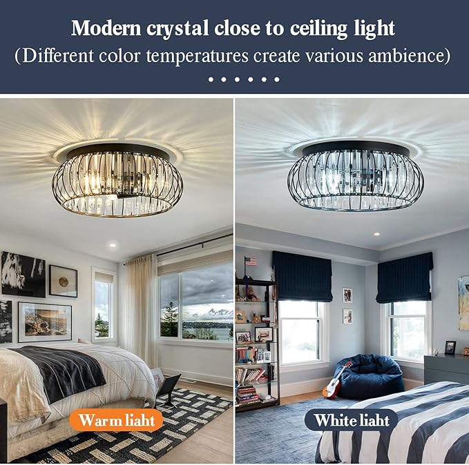 YYJLX 3 Light Flush Mount Ceiling Light Fixtures Modern Crystal Chandelier Black E26 Indoor Lighting for Hallway Bedroom Bathroom Foyer Living Room Dining Room Kitchen.