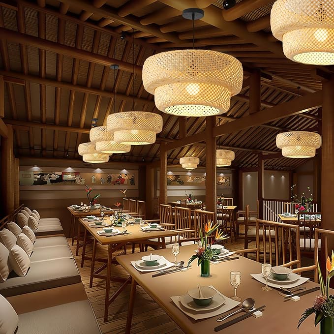 Bamboo Pendant Light Boho Rattan Hanging Light 17.7" Hand Woven Wicker Chandelier for Kitchen Island for Kitchen Island Dining Bedroom Living Room Restaurants