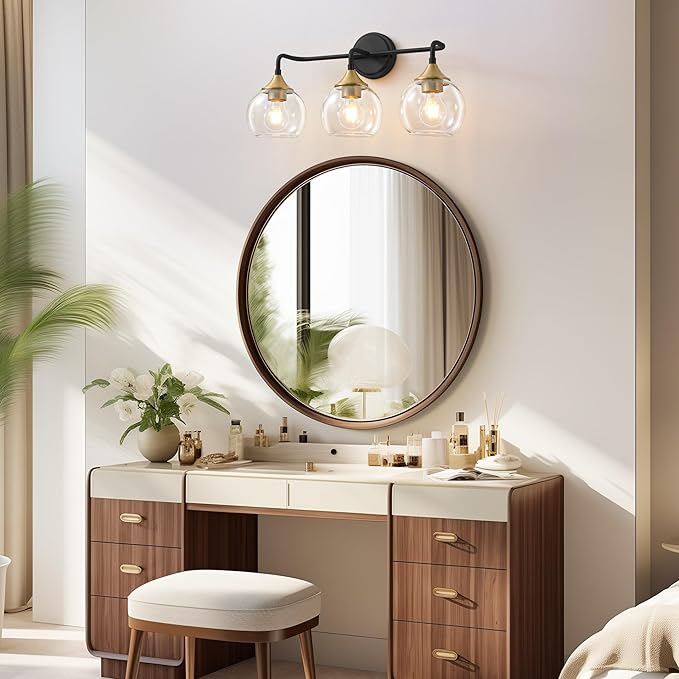 Bathroom Light Fixtures 3 Light Bathroom Vanity Light with Clear Glass Shade, 22 inch Vanity Lighting Fixtures Over Mirror, Black and Gold Vanity Lights Fixture (Exclude E26 Bulb)