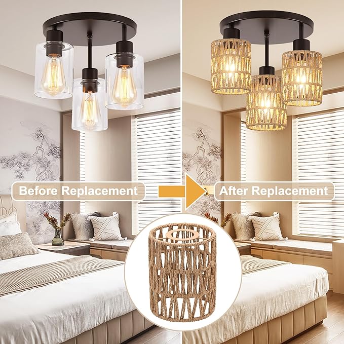 3-Pack Boho Rattan Lamp Shades,5.9" H x 4.7" D Woven Small Shade Replacement, 3-Tier 1.62in Fitter Farmhouse Pendant Light Cover for Chandelier Floor Wall Lamp(Brown)