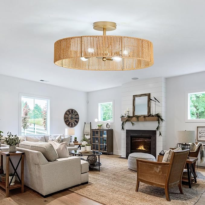 hesoge Boho Rattan Ceiling Light Fixture Vintage Gold Semi Flush Mount Ceiling Light 20 Inches Round 4 Light Chandelier for Farmhouse Hallway Bedroon Living Room Dining Room Kitchen Island