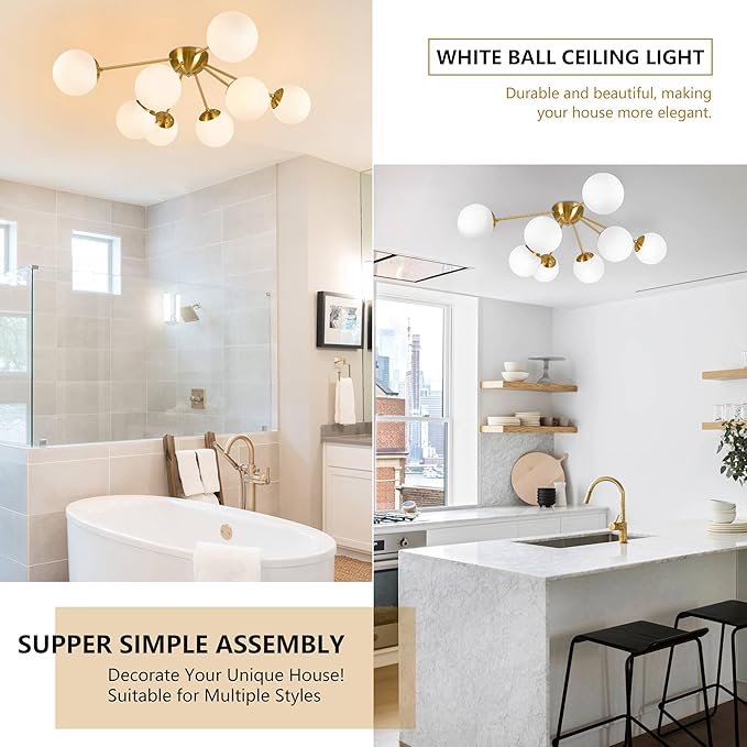 8 Light Mid Century Modern Ceiling Light Semi Flush Mount Ceiling Light Fixture Globe Lights Sputnik Chandelier with Milk Glass Shade Brushed Brass Finish for Bedroom Hallway Living Room