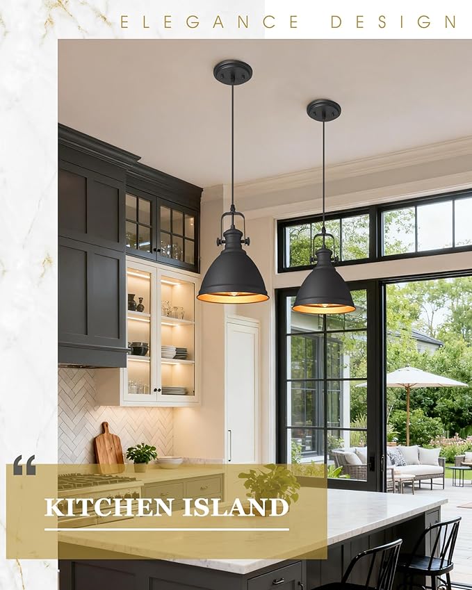 Black Pendant Lights Kitchen Island, 8" Farmhouse Hanging Lights Fixtures with Metal Shade, Rustic Kitchen Pendant Lighting Over Island for Dining Room, AD-2151-1PM-BK