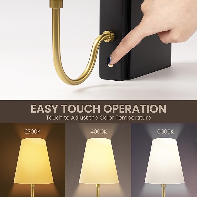 AELS Wooden Bookshelf Lamp with Bulb, Cordless Touch Dimmable Table Lamp with Linen Fabric Shade, Battery Operated, Modern Decorative Bookend, Book Sconce for Office Home Bedroom Bookshelf, Black