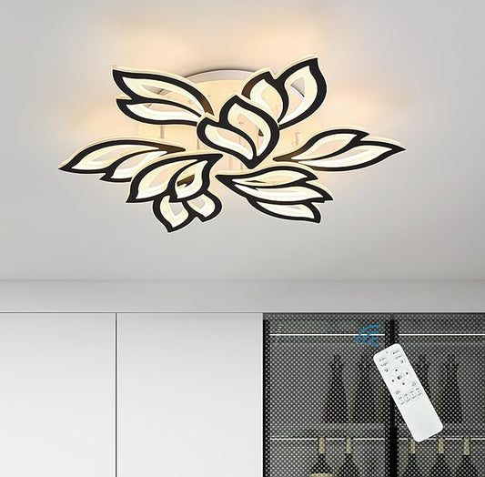 Garwarm LED Ceiling Light, Dimmable Modern Flower Shape Flush Mount Ceiling Lamp, 75W Acrylic Petals Ceiling Chandelier Lighting with Remote Control for Living Room Bedroom Dining Room (Black)