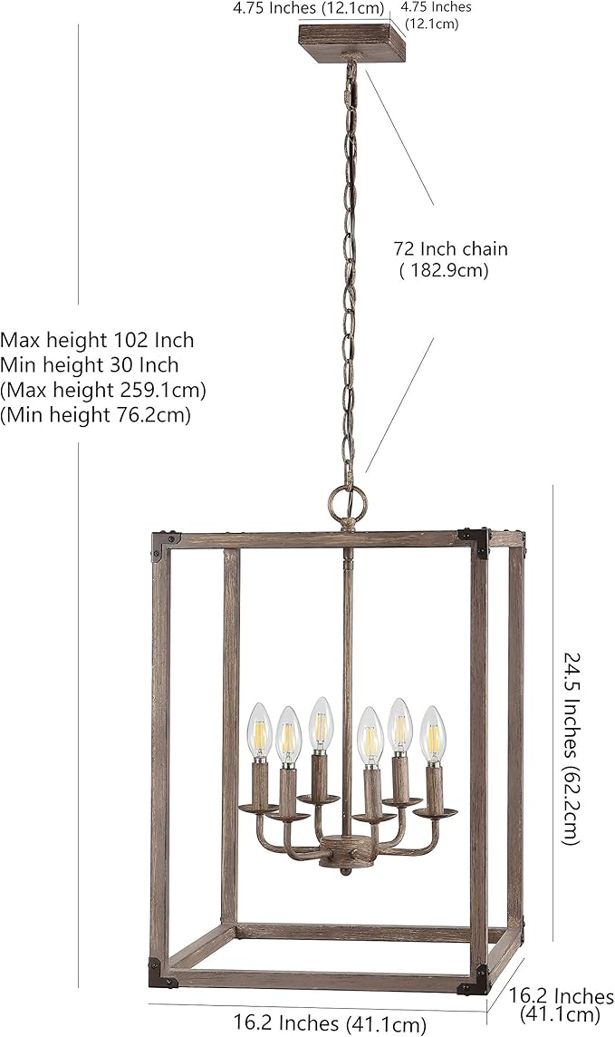 JONATHAN Y 16" Brown Rustic Farmhouse 6-Light LED Pendant, Adjustable Iron Lantern Chandelier for Kitchen Island, Barnwood Wood Grain Finish (JYL7476A)