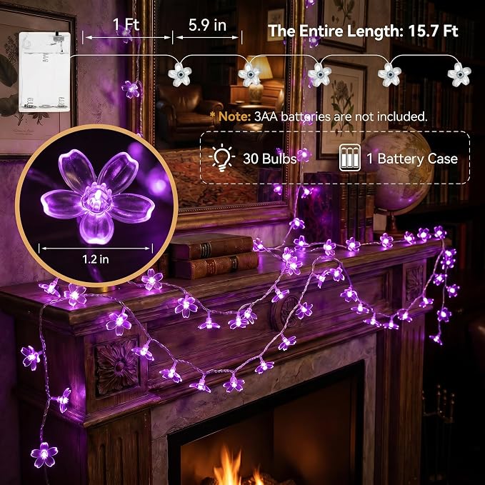 ITICdecor Flower String Lights 15FT 30LED Fairy Lights Battery Operated Indoor&Outdoor Twinkle Lighting Bedroom Decor for Party Wedding Xmas Tree(Purple)