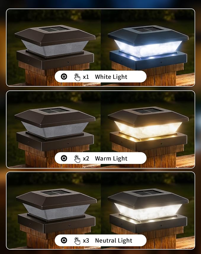 4x4-Solar-Post-Cap-Lights-Outdoor 16 Pack Solar Powered Fence Post Lights 3 Lighting Modes Deck Postcap Light for 3.5x3.5 4x4 Wood/Vinyl Posts LED Waterproof Garden Patio Porch Posts Lighting Black