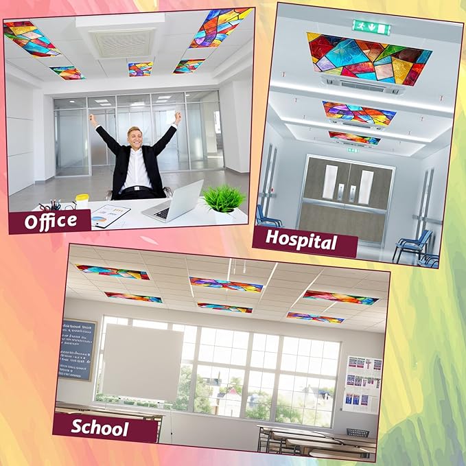 6 Pcs Fluorescent Light Covers with 60 Magnets Decorative for Classroom Ceiling Lights 4 x 2 Feet Magnetic Light Cover Filter Easy Install for Office Hospital Home Ceiling Supplies (Stained Glass)