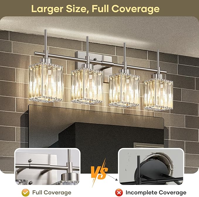Torondo Modern Crystal Bathroom Vanity Light 4-Light Brushed Nickel Bathroom Light Fixtures Over Mirror Vanity Lighting Fixtures Square Shade Brass Wall Sconce (Bulbs Not Include)