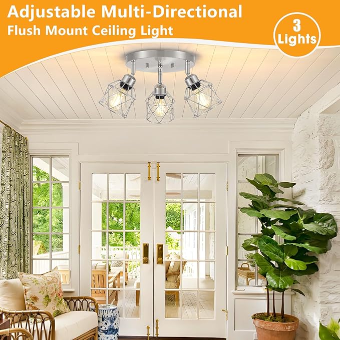 3-Light Brushed Nickel Semi Flush Mount Ceiling Light, Adjustable Kitchen Light Fixtures Ceiling Mount E26 Base Multi-Directional Silver Ceiling Spot Lights for Hallway Farmhouse Foyer