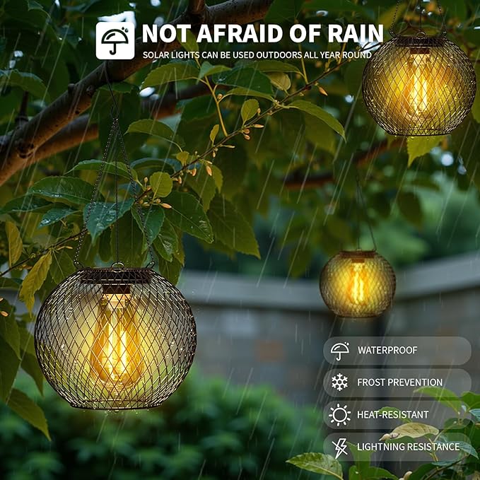 Modern Solar Mesh Globe Pendant Lights, LED Black Metal Hanging Spherical Lanterns with Edison Bulbs, Chain-Mounted, Indoor Outdoor (Black-4-Pack)