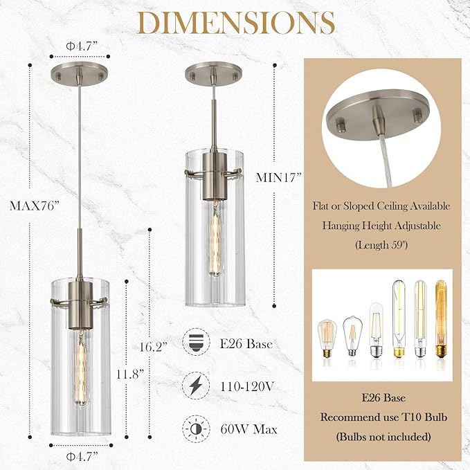 Glass Brushed Nickel Pendant Light, 3 Pack Modern Kitchen Island Pendant Lighting with Ribbed Glass, Adjustable Cord Pendant Light for Over Island, Dining Room, Bathroom, Bedroom