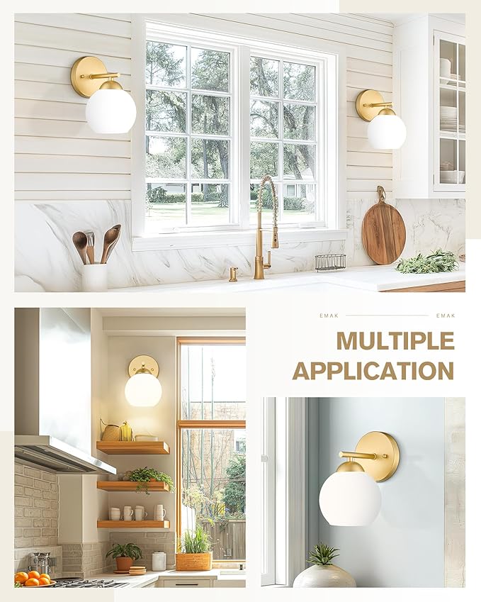 Emak Modern 2 Pack Globe Wall Sconce, Gold Vanity Light with Milk Glass Shade for Bathroom, Living Room, Pictures, Bedroom,Hallway, WS114-GD-ML-2PK