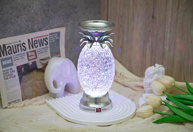 YAKii 9.5" Pineapple LED Color Changing Shine Lamp,Swirling Water Waves Lamp Kid Safe Battery/USB Cable Operated,Table Lamp Candle Holder Night Lights Decoration Matte Silver(Pack of 2)