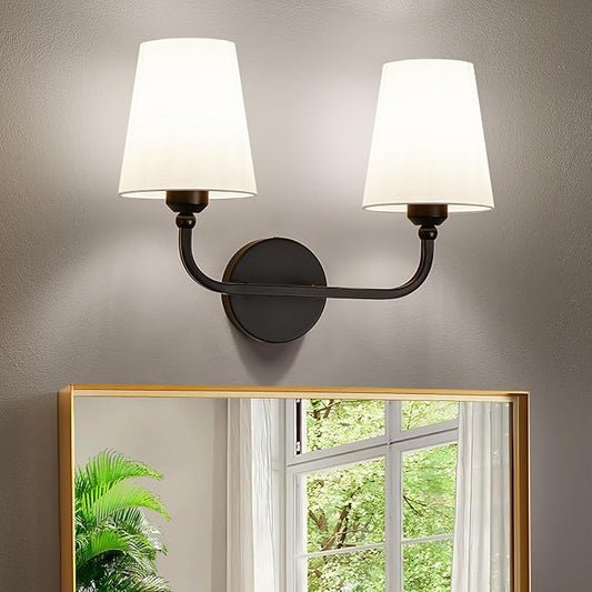 Bathroom Vanity Light, Matte Black Bathroom Light Fixtures, 2-Light Lighting Fixtures Over Mirror, Modern Wall Sconce with Flared White Fabric Shade, E26 Socket(ETL Listed)
