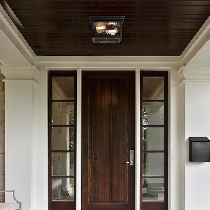Maxxima Outdoor Flush Mount Ceiling Light Fixture, Black w/Water Glass, 2-Light Square Farmhouse Porch or Patio Light, Close to Ceiling Entryway Outdoor Light, Bulbs Not Included