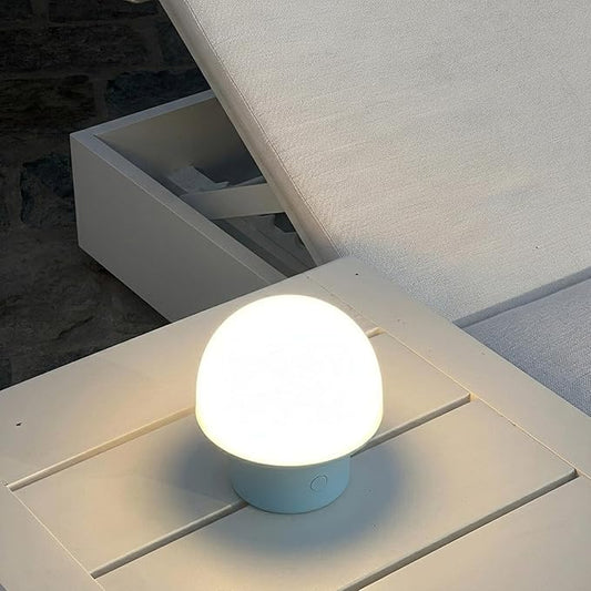 Brightech Portobello Cordless 7" Touch Table Lamp - Small Dimmable Outdoor Mushroom Light for Camping & Side Tables - Modern Rechargeable Portable Bedside Light for Desk Bedroom, Nightstand - Blue