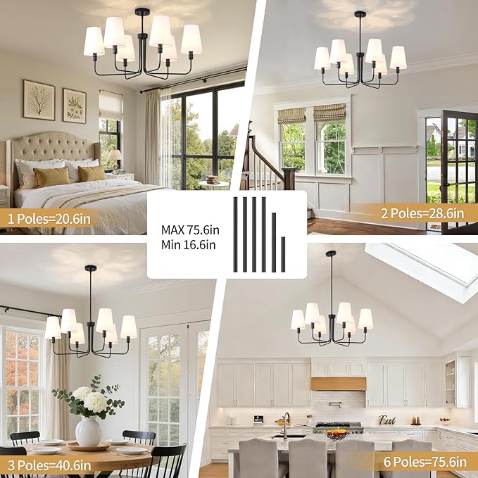 Modern Farmhouse Chandelier Black 6-Light 35.4" Mid Century Dining Room Light with Linen Fabric Shade Adjustable Hanging Ceiling Pendant Light for Kitchen Island Dining Table Bedroom, E12