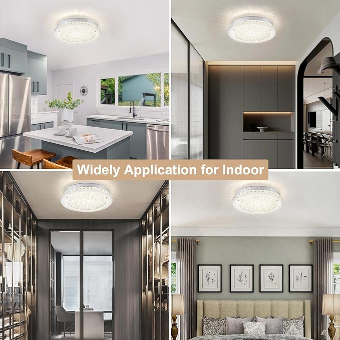 Crystal Ceiling Light Fixture LED Crystal Flush Mount Ceiling Light 4000K Dimmable Semi Flush Mount for Hallway Bedroom Laundry Bathroom Round 24W 2640LM 14"
