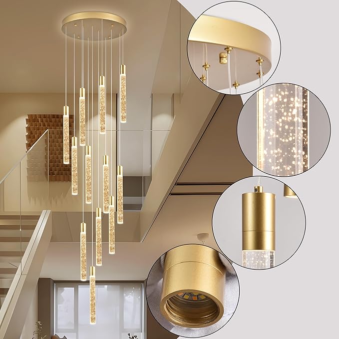 12-Light High Ceiling Chandeliers Modern Black Crystal Chandeliers for Entryway Long Spiral LED Dimmable Chandelier Flush Mount Ceiling Staircase Foyer Living Room Ceilings Light Fixture