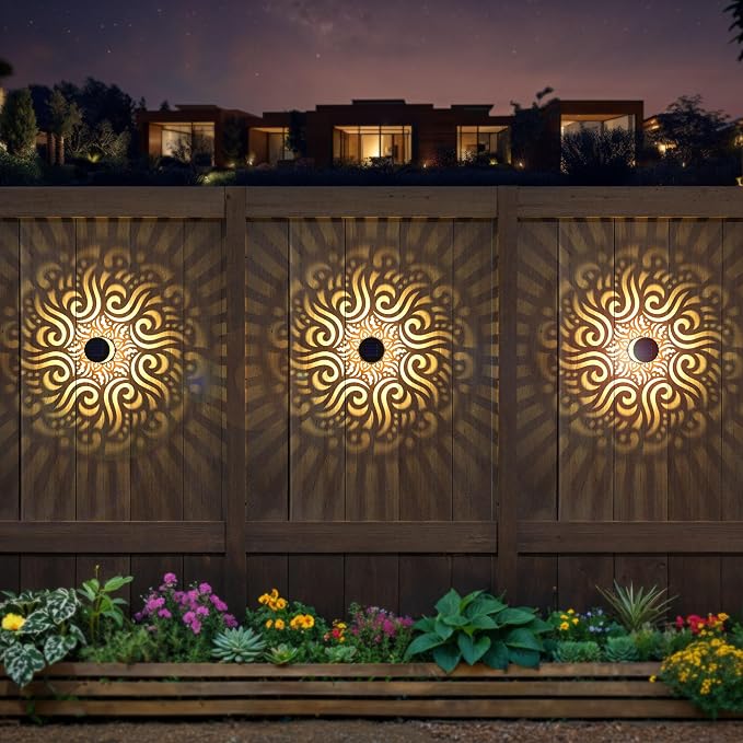 2 Pack Solar Fence Lights Metal Solar Powered Outdoor Wall Deck Step Lights Mandala Theme Waterproof Fence Light for Garden Post Patio Backyard Yard Decor, Gardening Gifts for Women Mom Grandma