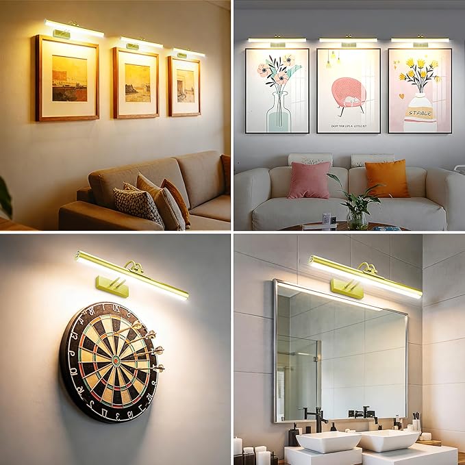 RAIFOOLLY Picture Light,Magnetic Wall Light,16inch Art Light,5000mAh Battery Accent Light with Remote Timer and Dimmable for Painting, Frame, Portrait, Artwork - Gold