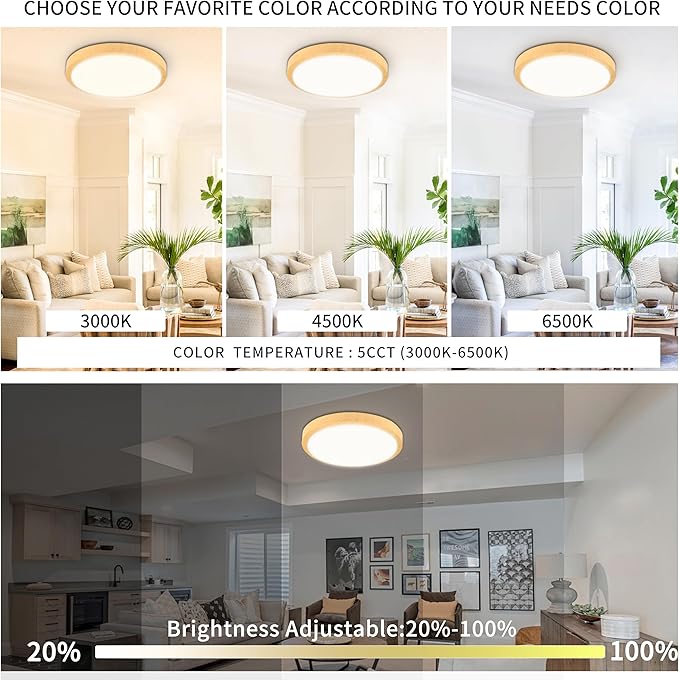 Modern Dimmable Wood Flush Mount Ceiling Light, 3500K-6500K 3CCT Round Close to Ceiling Lighting Fixtures, Minimalist LED Ceiling Lamp for Bedroom, Kitchen, Hallway, Laundry Room-8inch