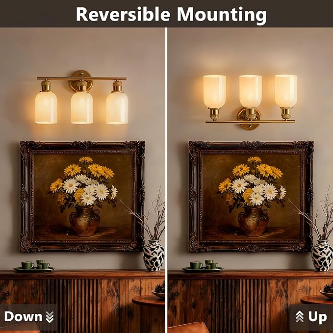 Vintage Gold 3-Light Vanity Light, Wall Light Fixtures with White Glass Shade for Bathroom Mirror Kitchen Living Room Hallway Cabinet Porch