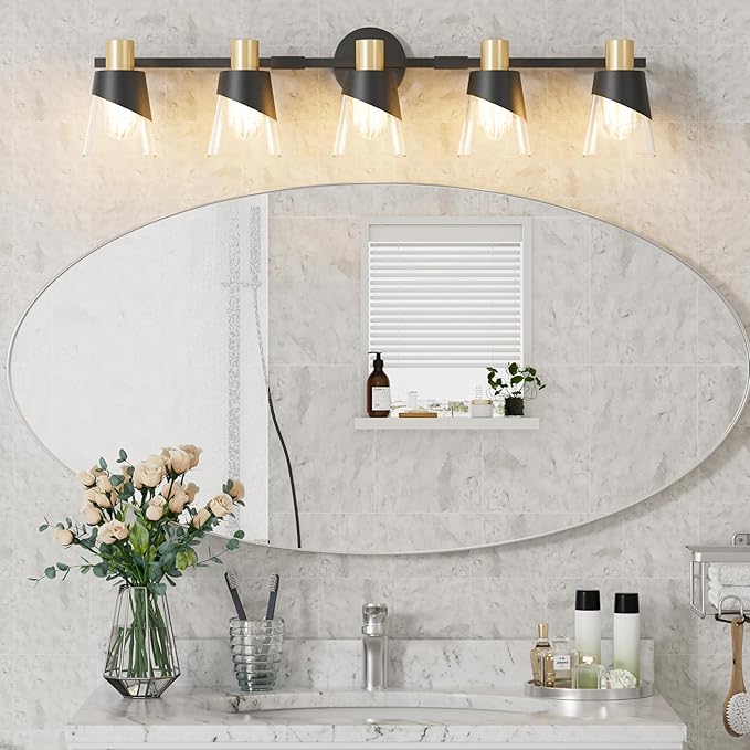 URSOLA Bathroom Light Fixtures, 5 Lights 36inch Black and Gold Vanity Light, Bathroom Lighting Fixtures Over Mirror, Wall Light with Clear Glass Shade, E26 Base (Bulbs Not Included)