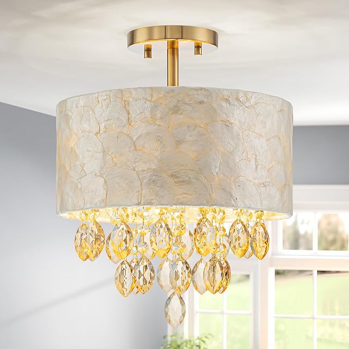 3-Light Capiz Shell Crystal Drum Ceiling Light, Coastal Style Close to Ceiling Light Fixture for Dining Room, Living Room & Bedroom, D12 * H14 inch, Champagne Crystal & Gold Finish