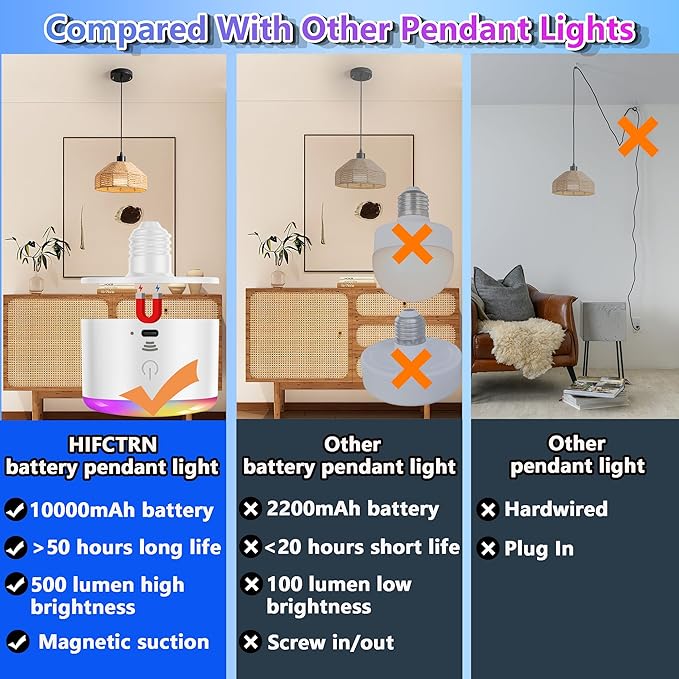 Battery Operated Pendant Light Set Of 2,Rechargeable Hanging Light 50 Hours Long Battery Life, RGB Color-Changing Chandelier Boho Woven Rattan Pendant Light Ideal For Indoor Lighting