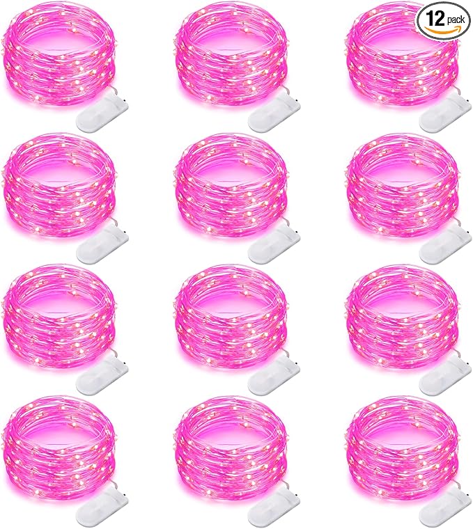 Yiaht 12 Pack Fairy Lights Battery Operated String Lights 7 Feet 20 Led Waterproof Christmas Lights Silver Wire Firefly Starry Moon Lights for Bedroom DIY Party Pink…
