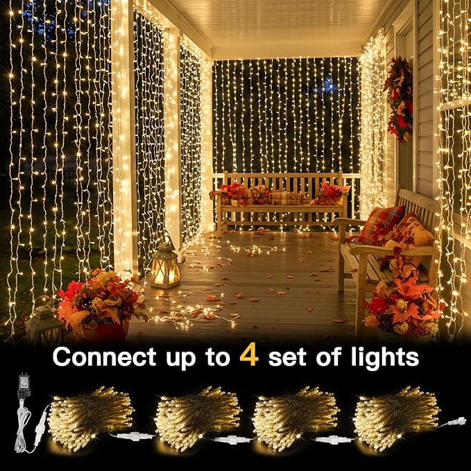 suddus Curtain Lights for Bedroom, 300 Led 9.8x9.8ft Curtain Lights for Backdrop, Curtain String Lights for Christmas, Dorm, Wall, Backdrop, Window, Wedding, Party, Birthday, Warm White（Plug in）