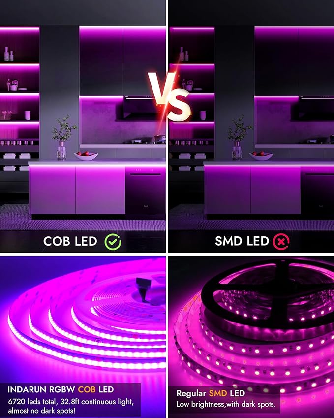 RGBW COB Led Light Strip 32.8FT/10M, 12mm Width Flexible Led Tape Light 6720LEDs, Smart COB Led Strip Lights Dimmable for Room Decor(Without 24V/8A Adapter&Controller)