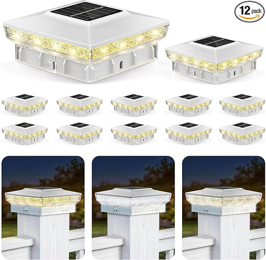 Solar Post Cap Lights 12 Packs for 4x4 Wooden/Vinyl Posts, IP65 Waterproof Fence Post Solar Lights with Warm/Cool/Neutral Lighting, Outdoor Post Lights for Garden, Patio, Porch- White