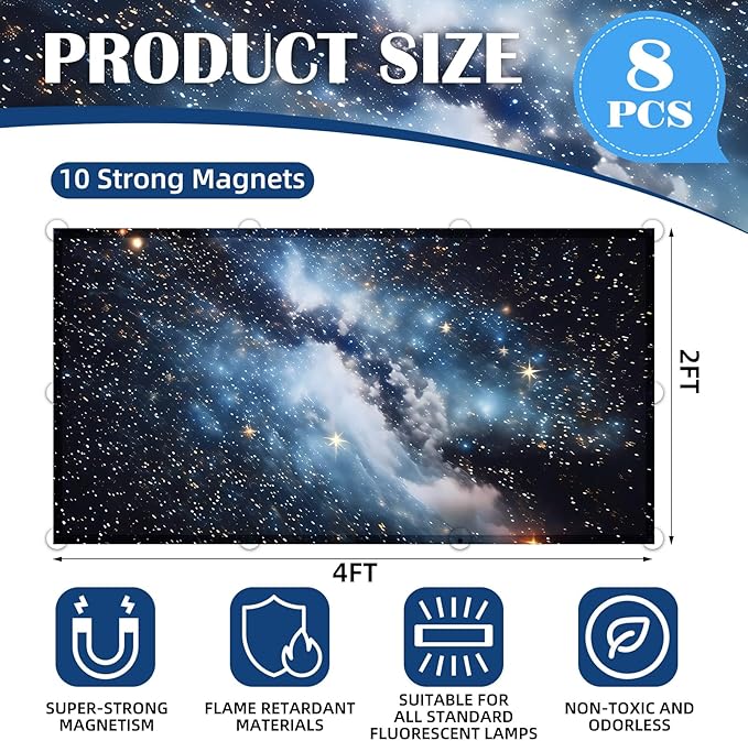 ANGSYLTH 8 Pcs Fluorescent Light Covers - 4 x 2 Feet Covers for Ceiling Lights, 8 x 10 Magnetic Light Filters for Classroom, Office, Hospitals