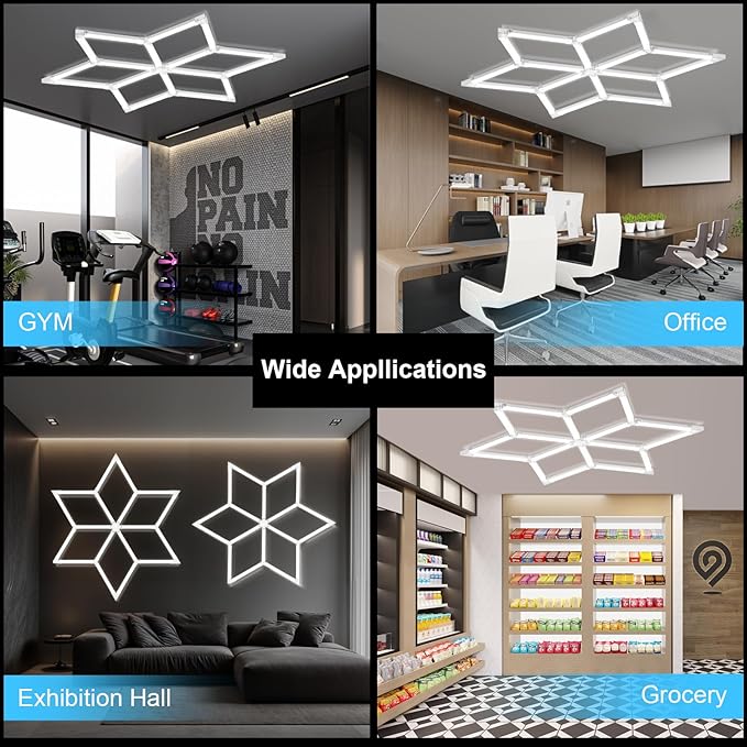 Hexagram Garage Lights 6 Rhombus, 126W 15120LM, 6500K Super Bright Hexagonal Diamond LED Ceiling Light for Garage, Workshop, Gym, Car Detailing Shop