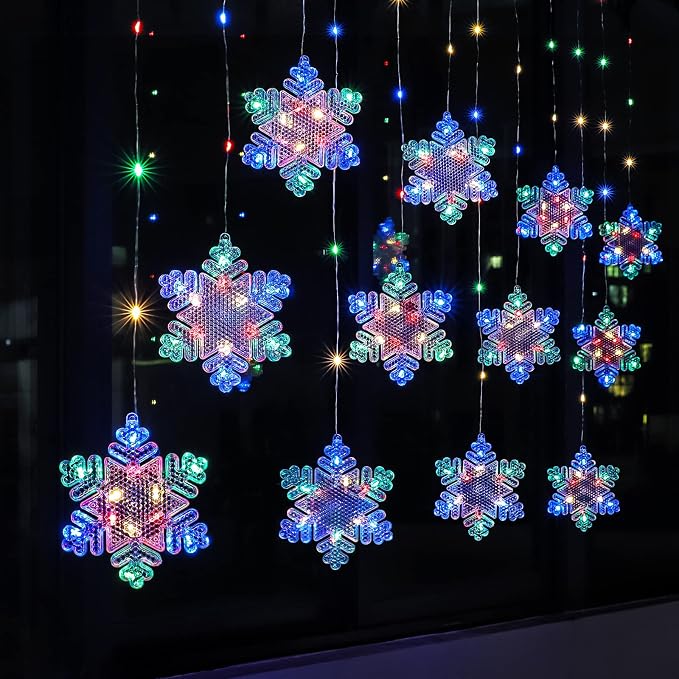 BLOOMWIN Christmas Fairy Curtain Lights 9.8ft Snowflake Lights USB Christmas Indoor Decorations 204LEDs Twinkle Lights with Remote for Bedroom Xmas - Colorful
